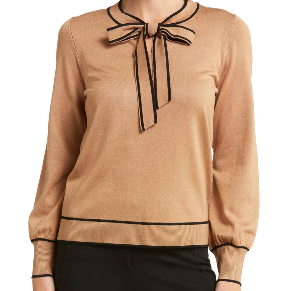 Adrianna Papell Nordstrom Tipped Bow Neck Brown Viscose Stretch Knit Sweater M